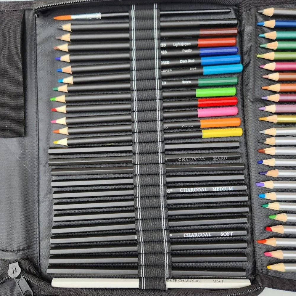 NEW 74 Piece Art Kit Supplies Watercolor Pencils Charcoal Travel Case Colored Pe